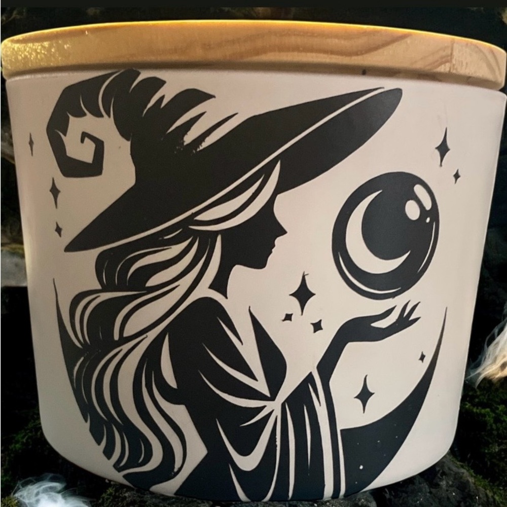 Hand Crafted 12 oz. Crystal Infused Witch Motif Candle in a Ceramic Jar with Lid